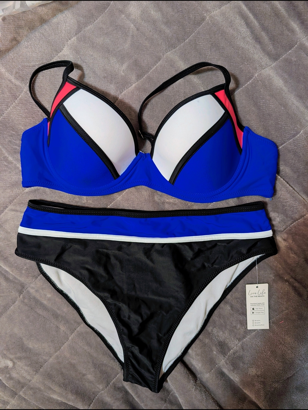 Blue Black Hot Coral And White Colorblock Women's Bikini Set